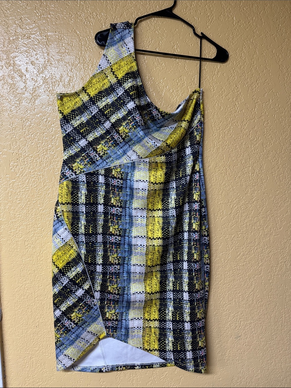 project RUNWAY One-Shoulder Plaid Dress in Yellow, Black & White